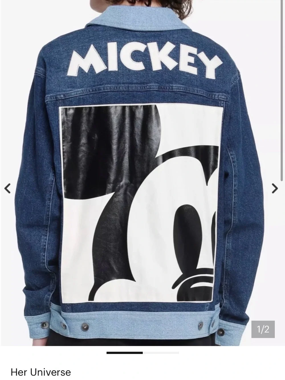 Her Universe Denim Jacket in Blue with Black & White Mickey Graphic - Picture 1 of 6